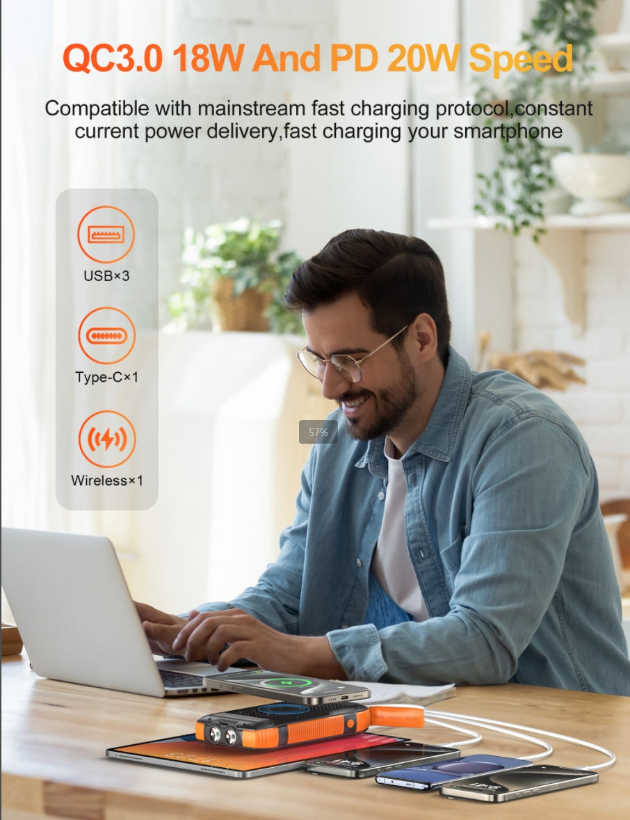 Solar Power Bank Large Capacity 20000mAh 3 USB C Flashlight Ip67 Waterproof High-speed Wireless Charger