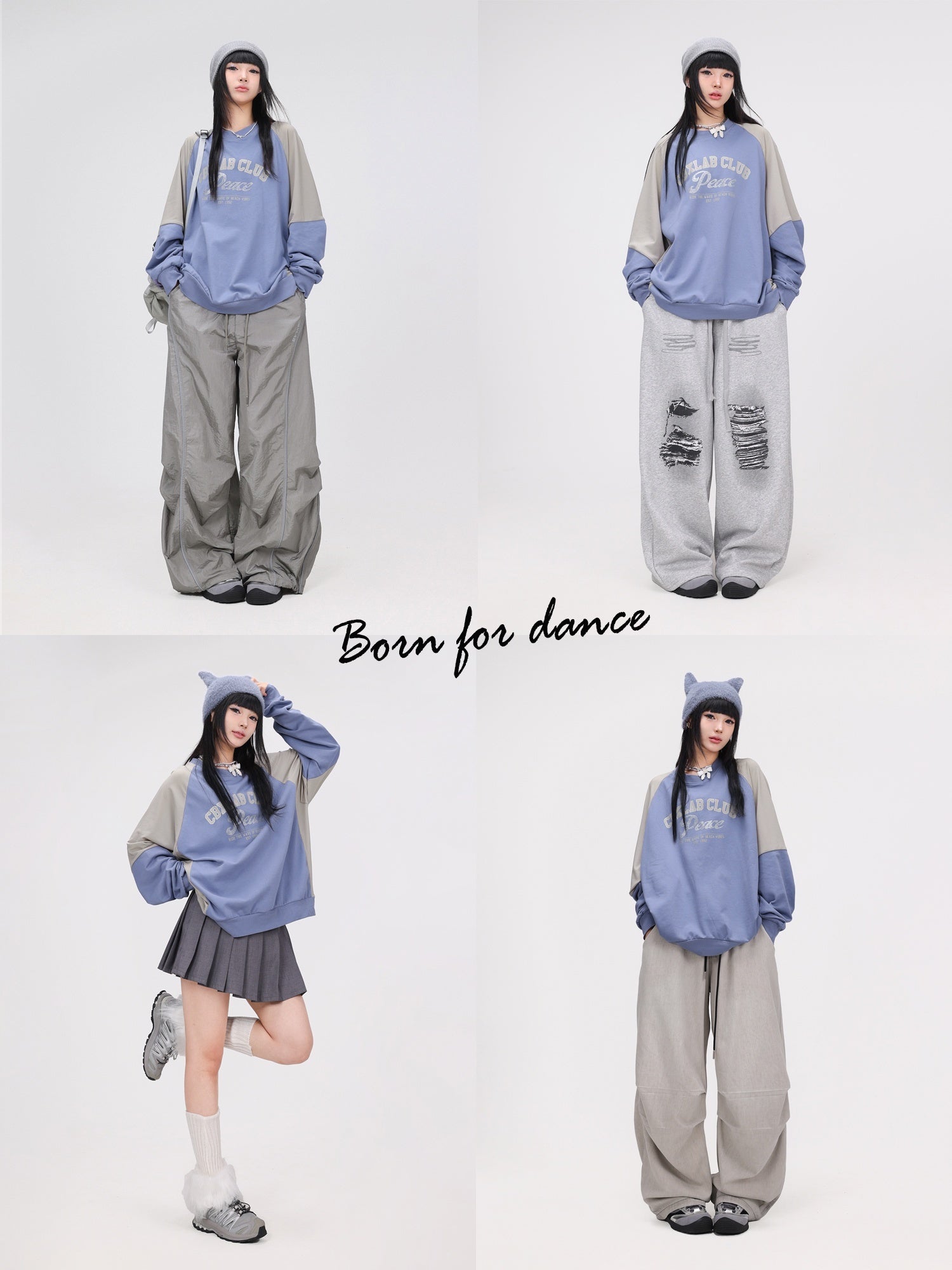 Blue Gray Stitching Contrast Color Quick-drying Hip-hop Pullover Kpop Long Sleeve