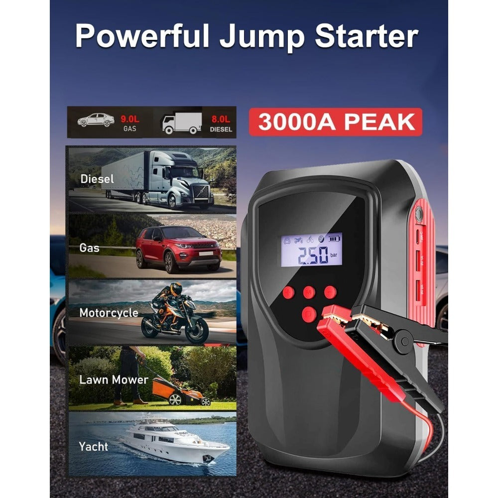 Portable car Battery Charger/Booster W/Air Compressor. LCD Display, LED Light.