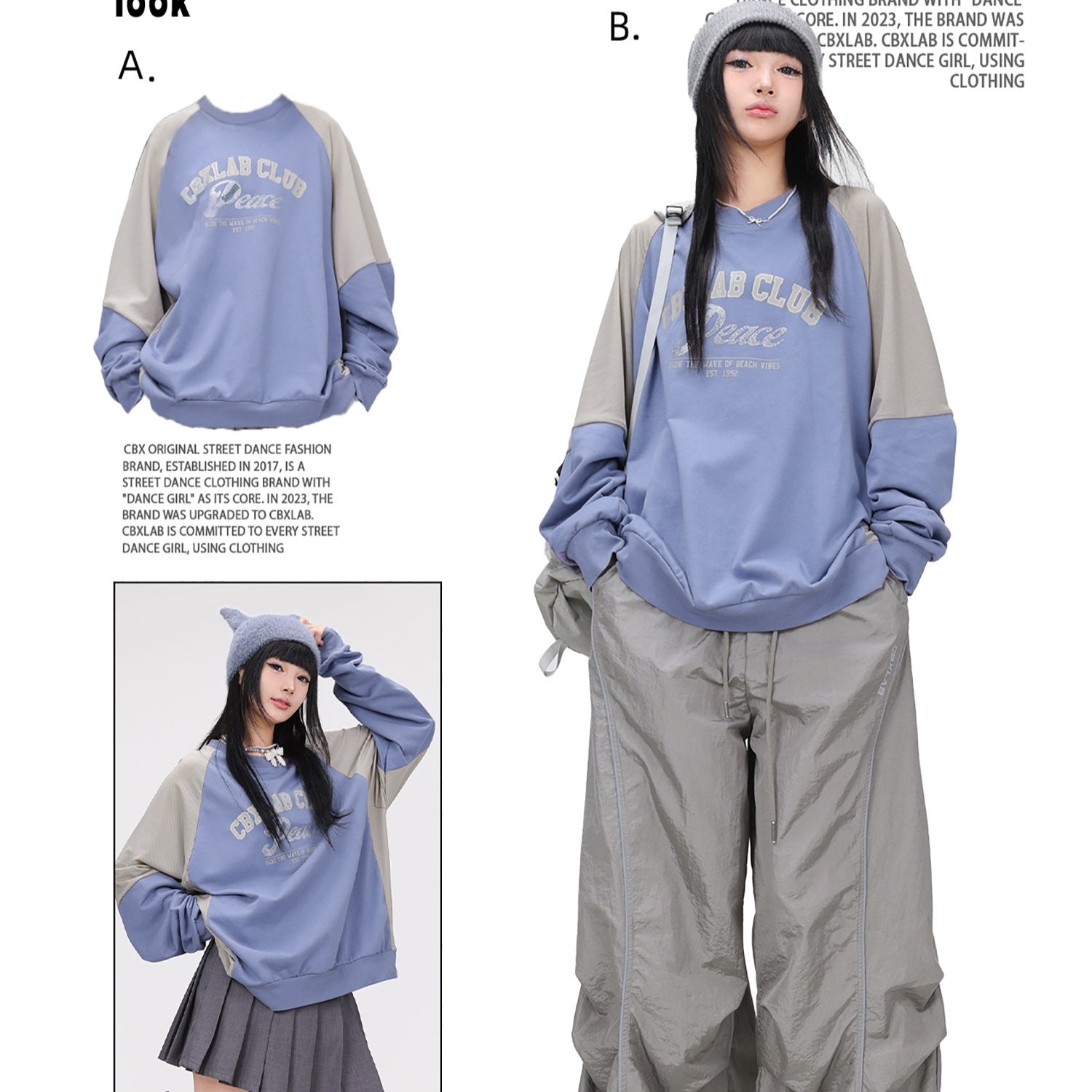 Blue Gray Stitching Contrast Color Quick-drying Hip-hop Pullover Kpop Long Sleeve