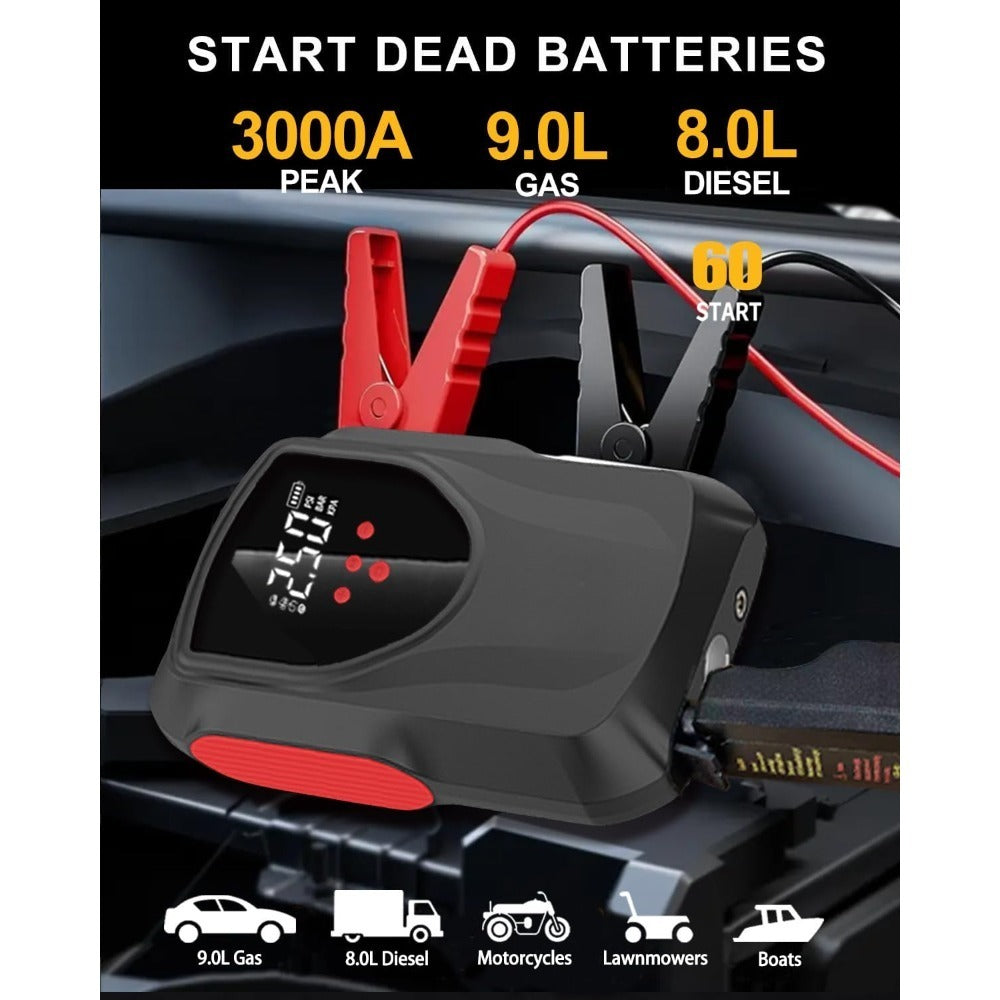 Portable car Battery Charger/Booster W/Air Compressor. LCD Display, LED Light.