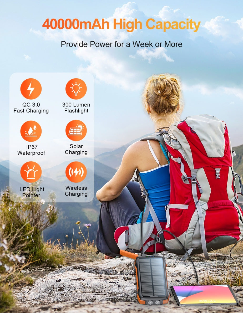 Solar Power Bank Large Capacity 20000mAh 3 USB C Flashlight Ip67 Waterproof High-speed Wireless Charger