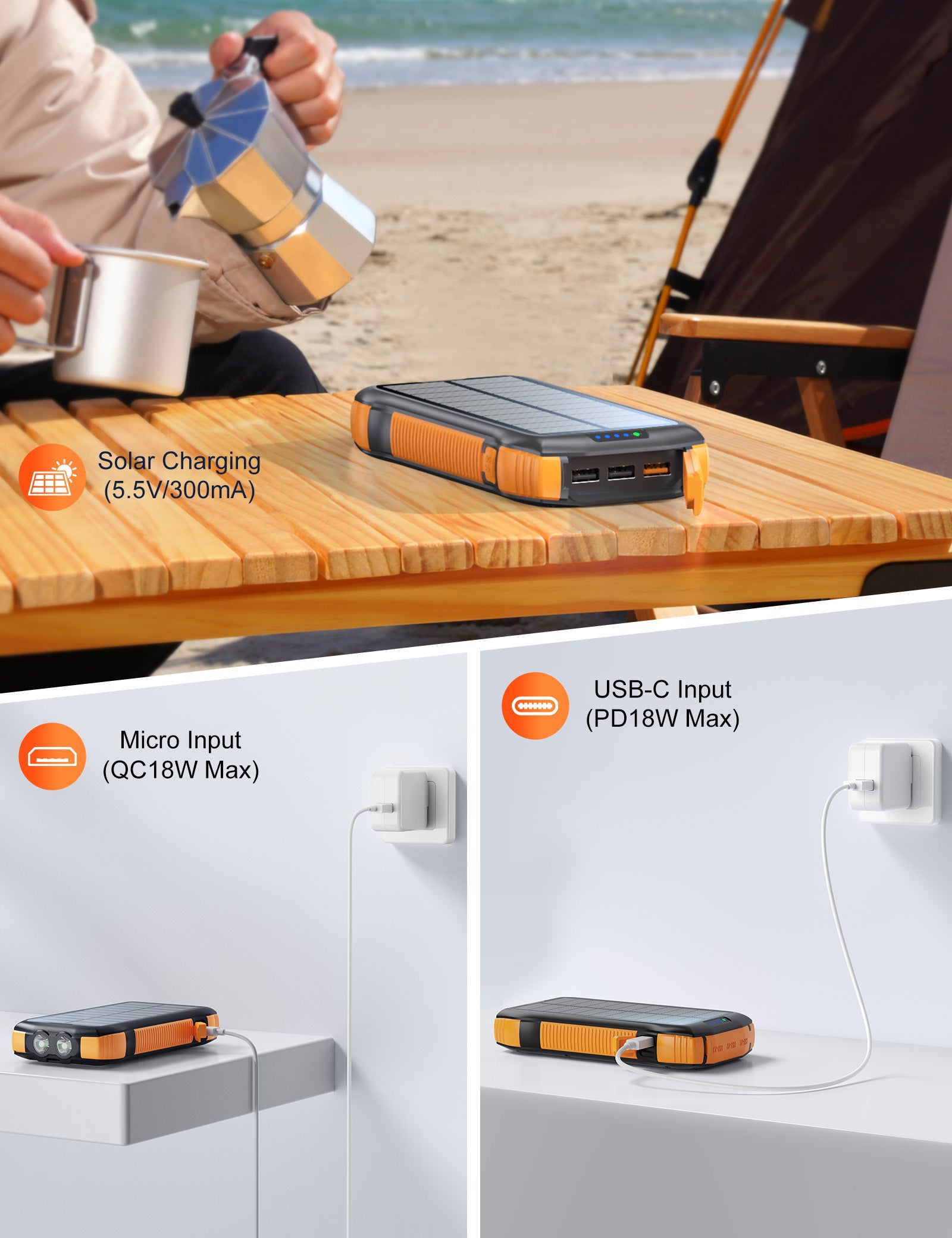 Solar Power Bank Large Capacity 20000mAh 3 USB C Flashlight Ip67 Waterproof High-speed Wireless Charger