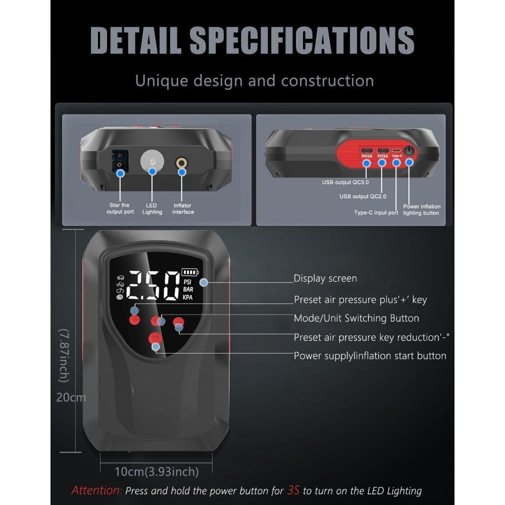 Portable car Battery Charger/Booster W/Air Compressor. LCD Display, LED Light.