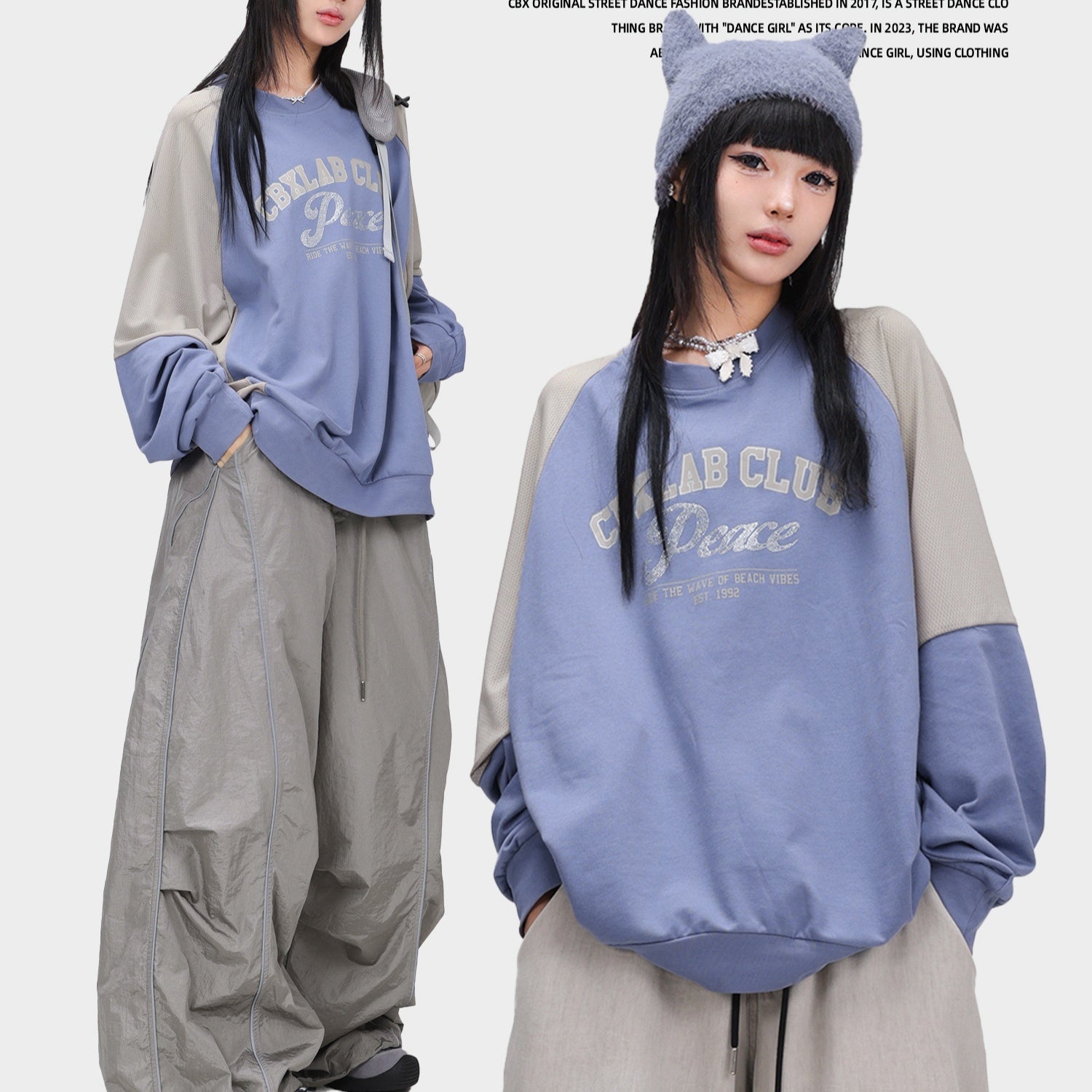 Blue Gray Stitching Contrast Color Quick-drying Hip-hop Pullover Kpop Long Sleeve