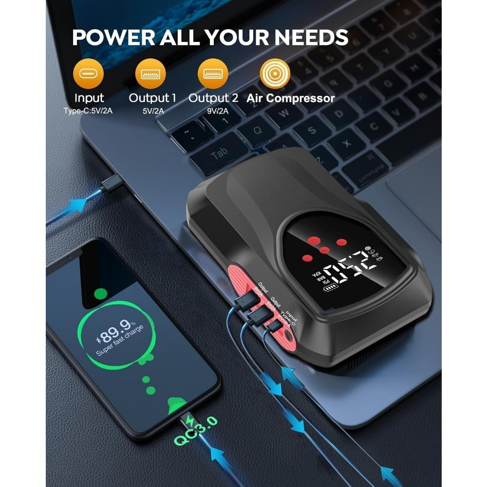 Portable car Battery Charger/Booster W/Air Compressor. LCD Display, LED Light.