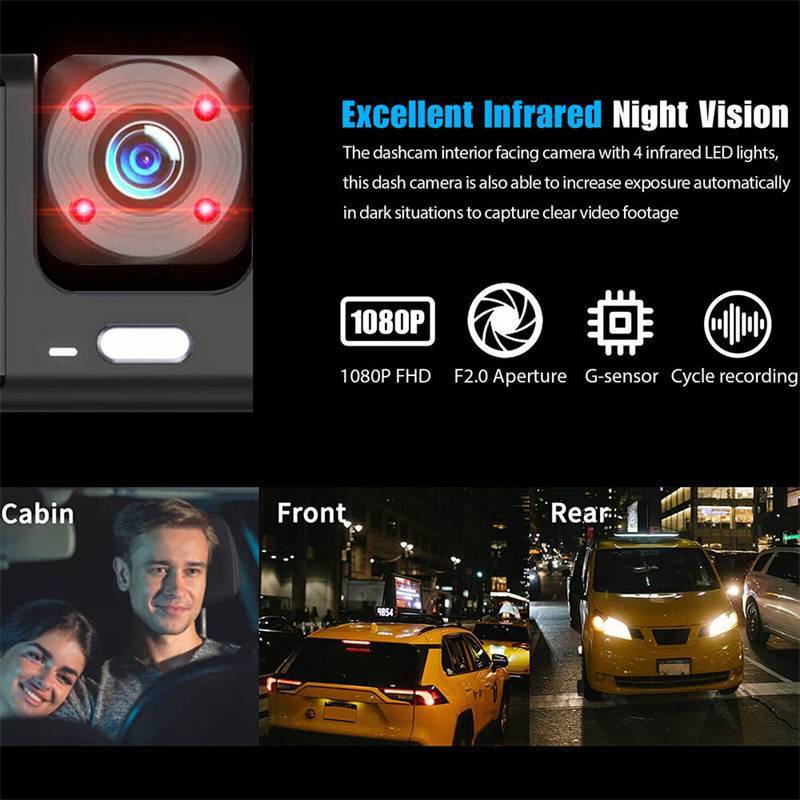 Car Dash Cam Front/Rear/Inside Dual Lens Video Recorder