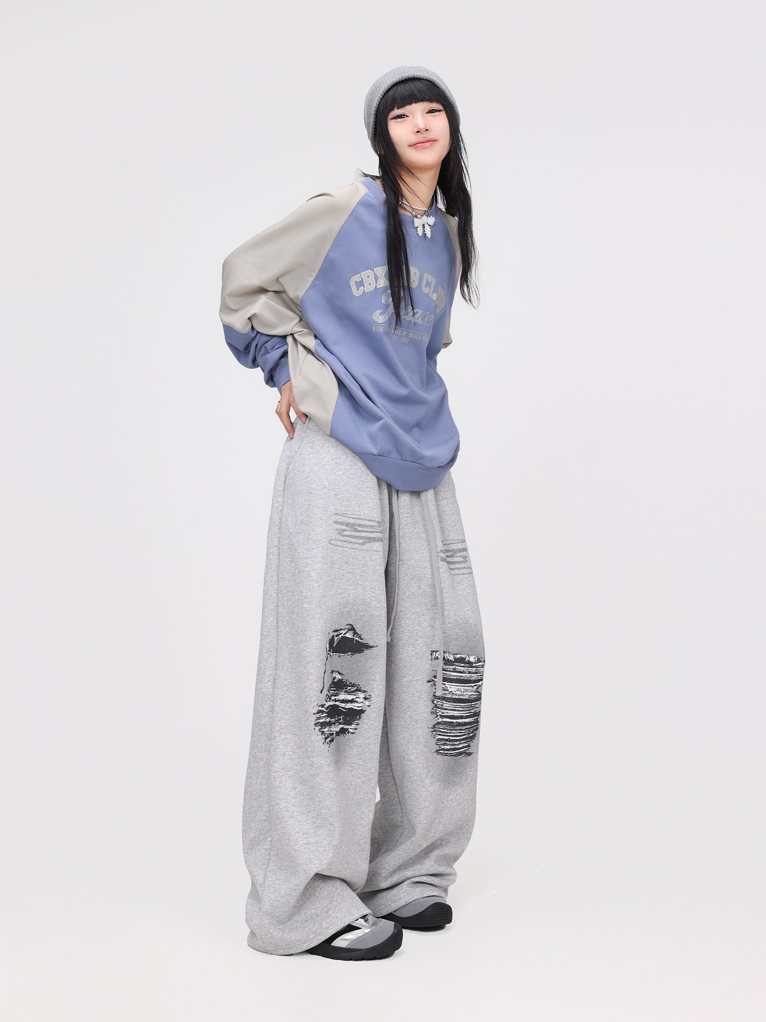 Blue Gray Stitching Contrast Color Quick-drying Hip-hop Pullover Kpop Long Sleeve