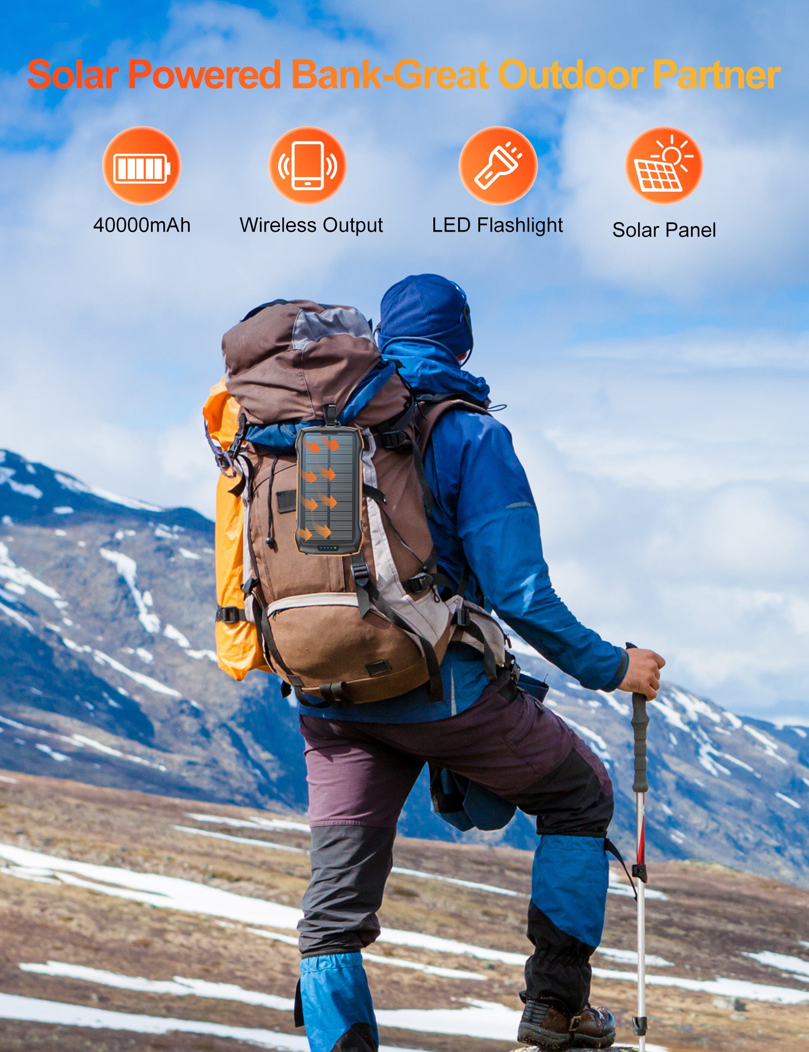 Solar Power Bank Large Capacity 20000mAh 3 USB C Flashlight Ip67 Waterproof High-speed Wireless Charger