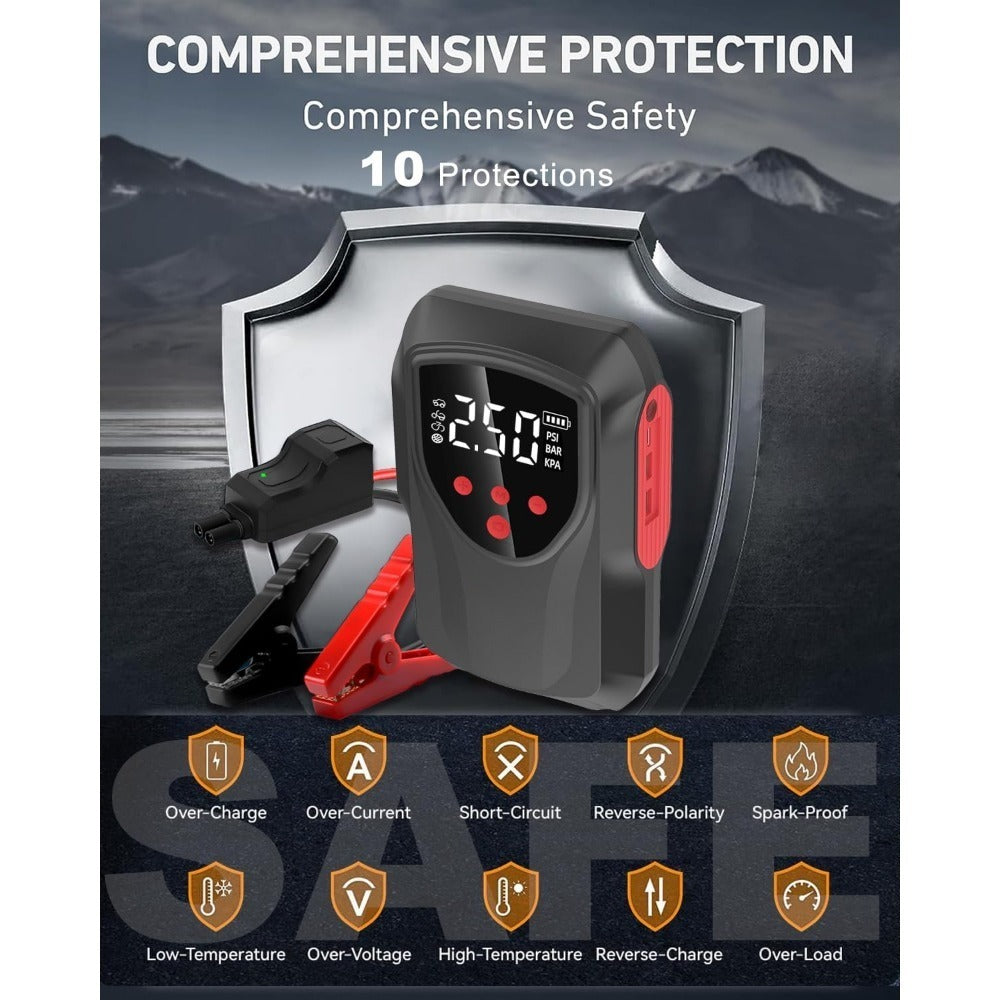 Portable car Battery Charger/Booster W/Air Compressor. LCD Display, LED Light.