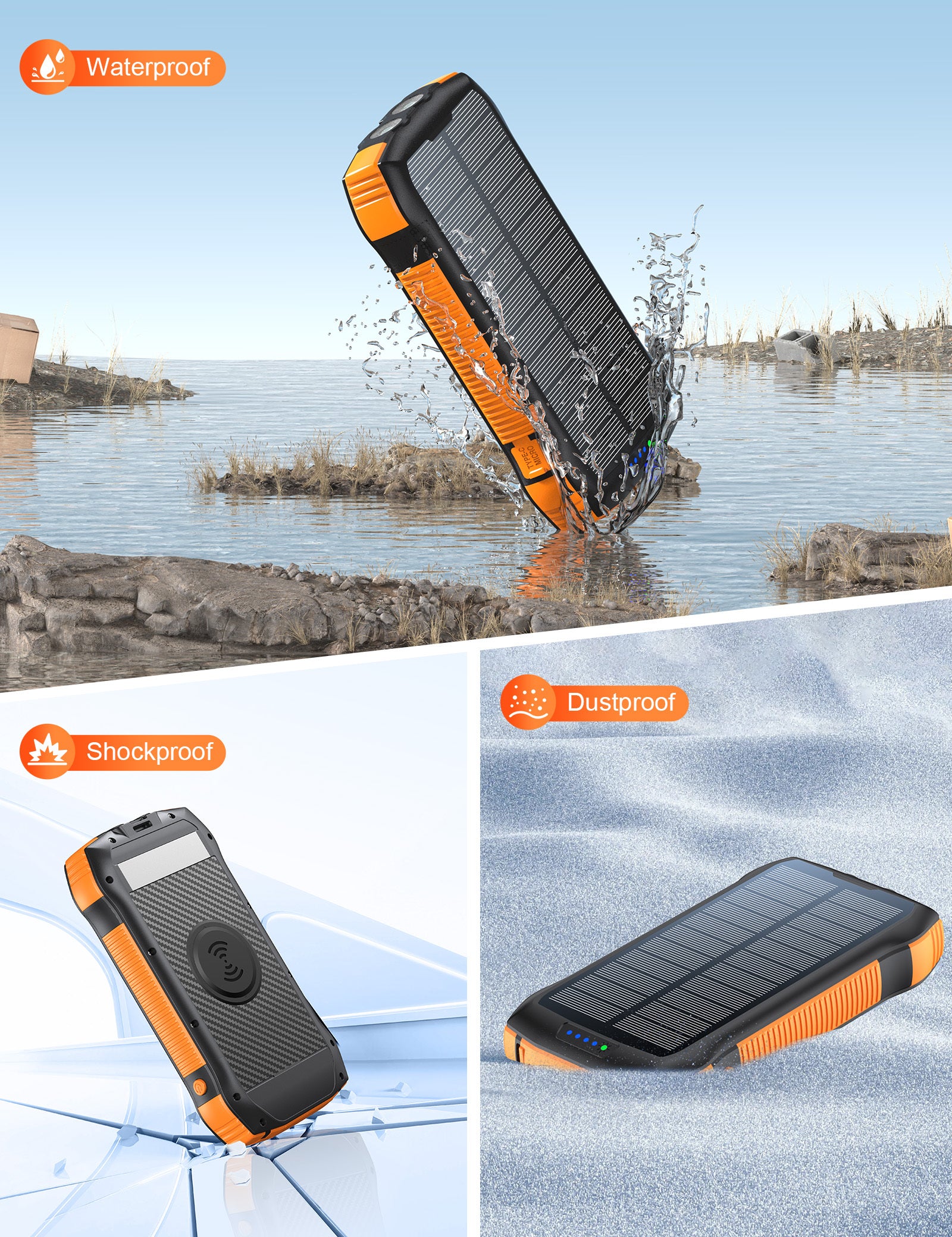 Solar Power Bank Large Capacity 20000mAh 3 USB C Flashlight Ip67 Waterproof High-speed Wireless Charger