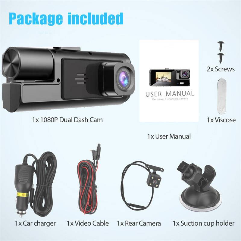 Car Dash Cam Front/Rear/Inside Dual Lens Video Recorder